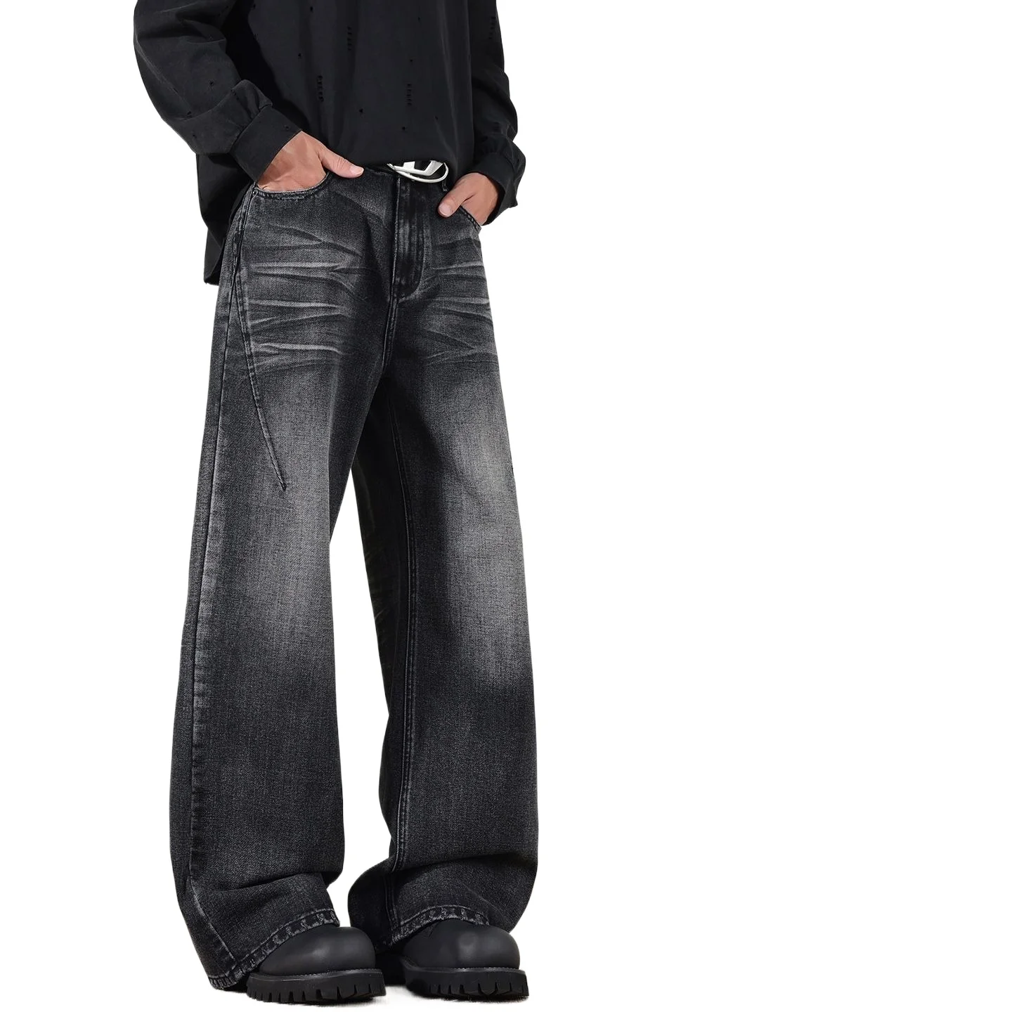 Amerikaanse retro crack-gewassen noodlijdende bliksemvormige uitlopende jeans High Street losse jeans voor zowel mannen als vrouwen herenbroeken