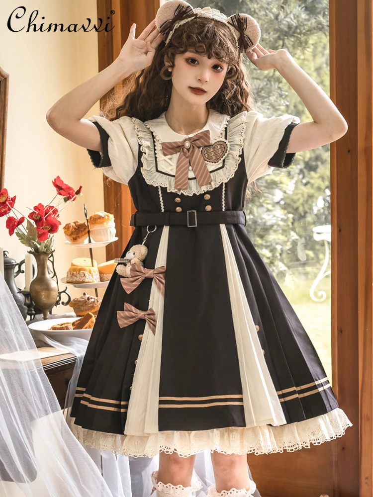 

Lolita Style Puff Sleeve Bow Women Dress 2023 Spring Summer Japanese Style Short Sleeve High Waist Slimming A- Line Dress Femela