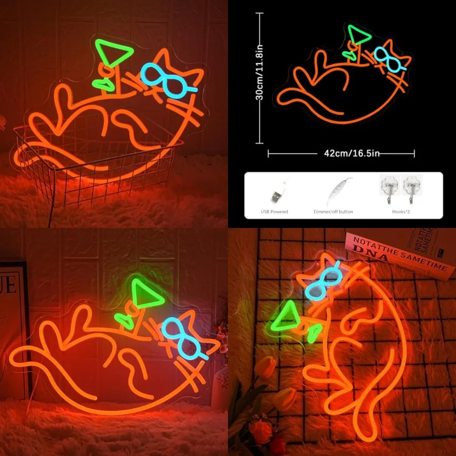 

Cat Martini Neon Sign for Wall Decor Bar Neon Light Red Cat with Glasses Drink Beer LED Sign Dimmiable LED Neon Light Sign for