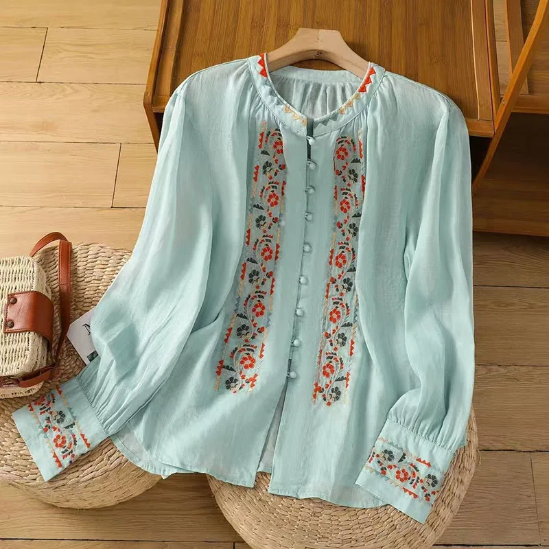 

Vintage Ethnic Boho Style Embroidery Shirts Cardigan Top Women Spring Summer Long Sleeve Pink Beige Blue Cotton Linen Blouses