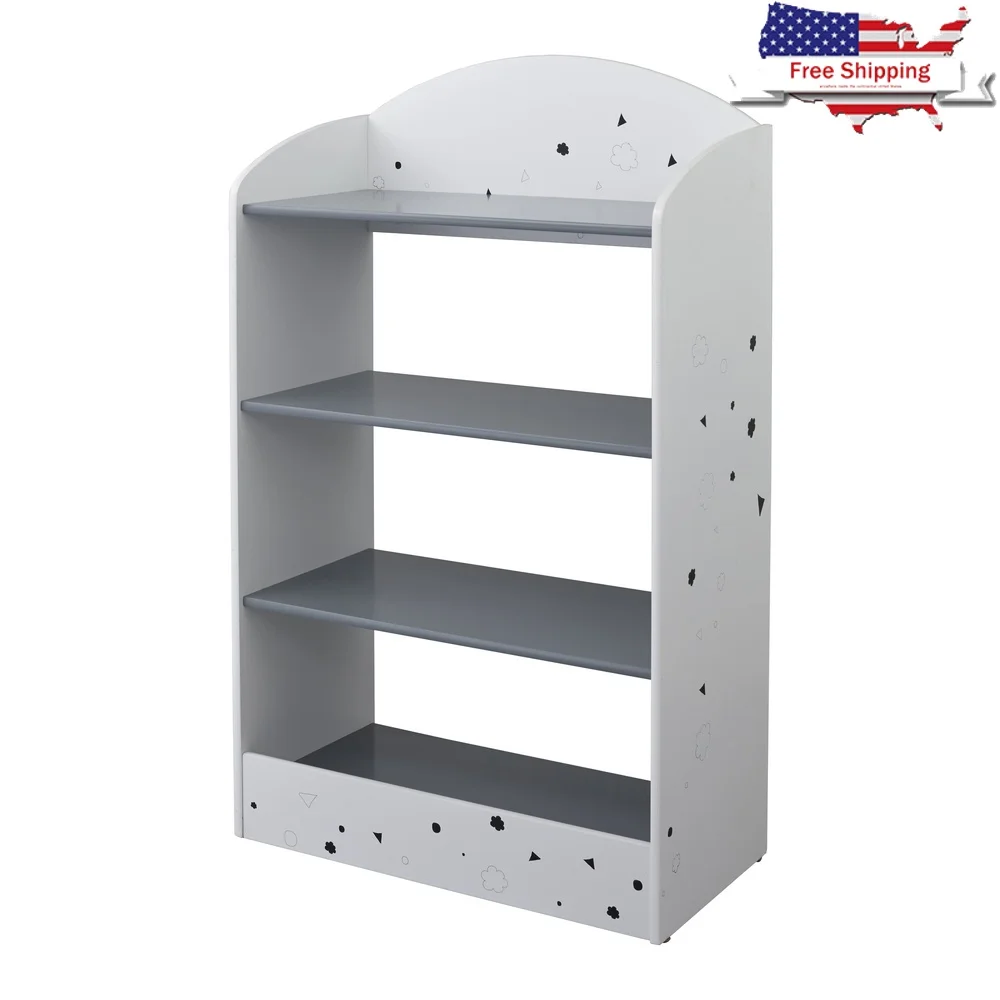 Kids Bookshelf Modern MDF Four Shelves Playroom Storage Unit Open Back Design Grey White Finish Fun Shapes