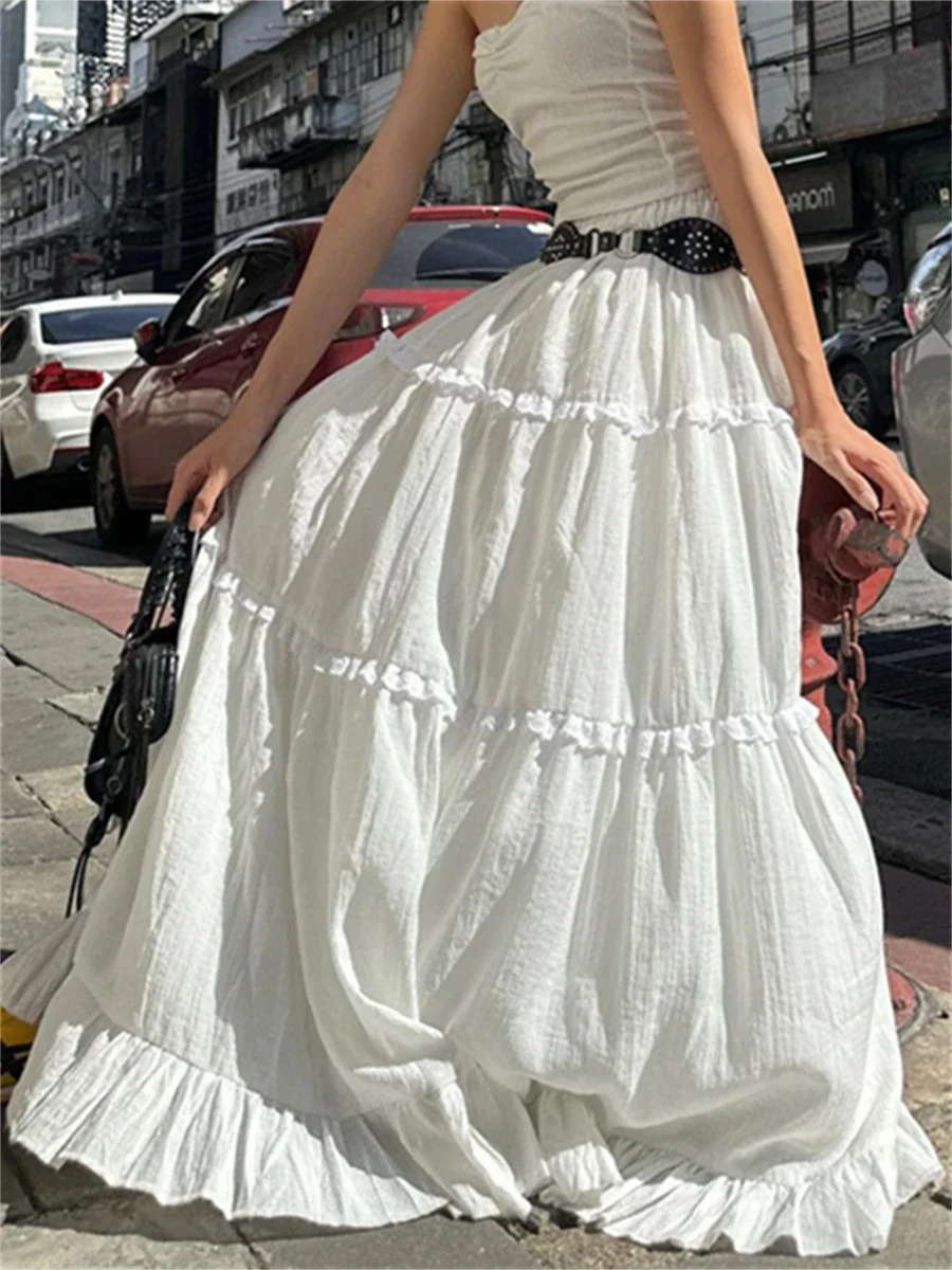 

wsevypo Fairycore Elegant White Flowy Hem Long Skirts Women Elastic Waist Ruffle Lace Trim Flare A-Line Skirts Retro Streetwear