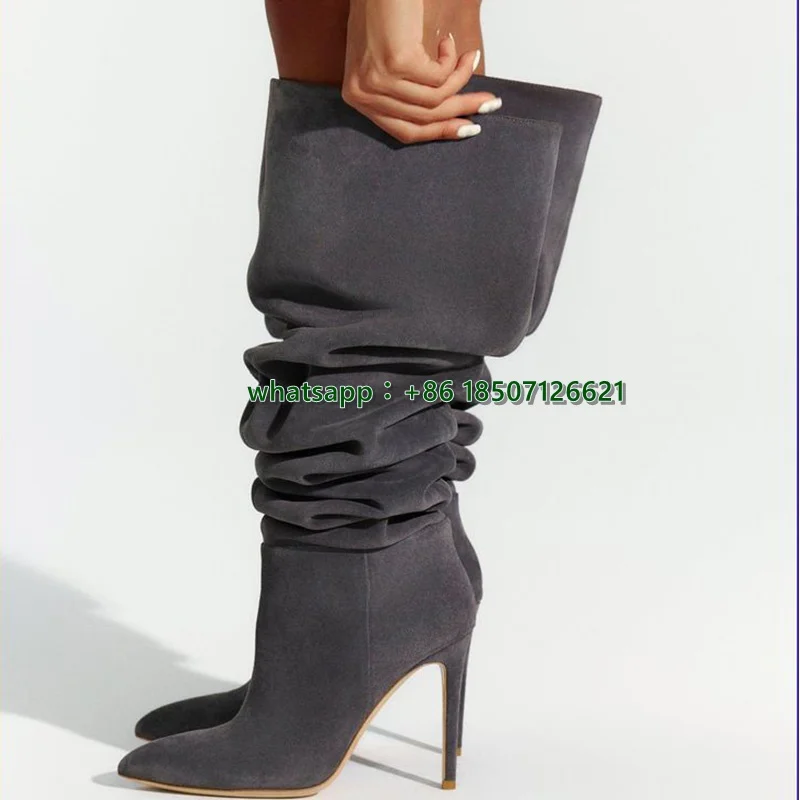 Pointed Suede Stiletto Over-The-Knee Boots Solid Color Pleated Pile Boots Large Size Solid Color Long Boots