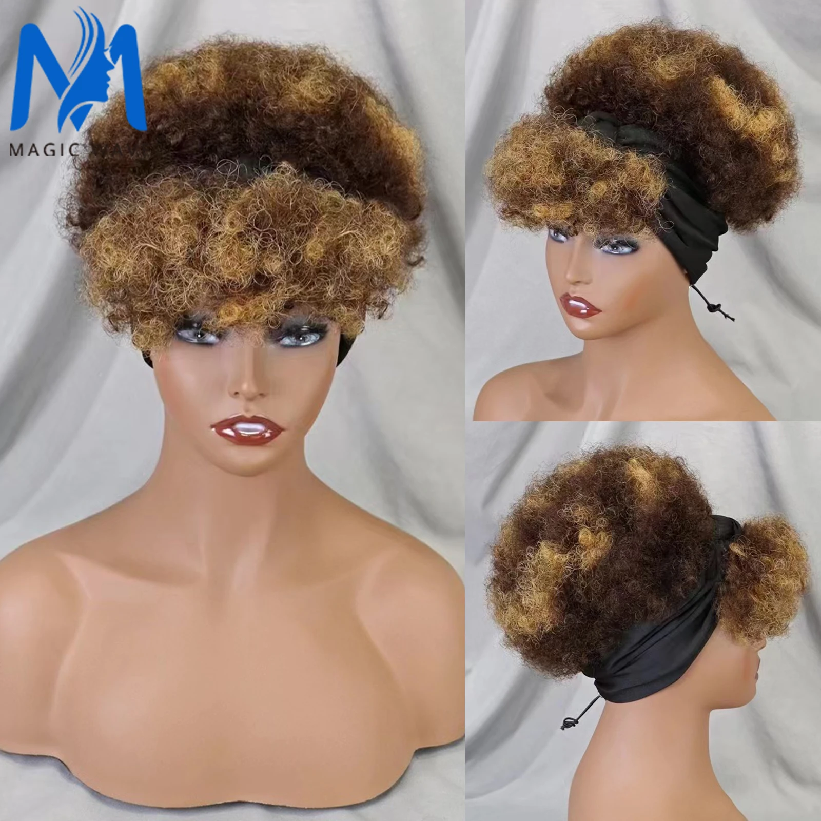 

Highlight Short Headband Wig Full Machine Made Wig Afro Kinky Curly Human Hair Wigs Scarf Wig with Bangs for Black Women