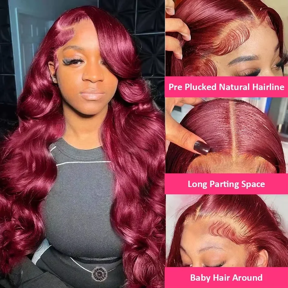 30–34 Inch 99J Burgundy Body Wave Human Hair Wigs Brazilian 13x6 HD Transparent Lace Frontal Wig Wet and Wavy Lace Front 100% Human Hair Wig image 4