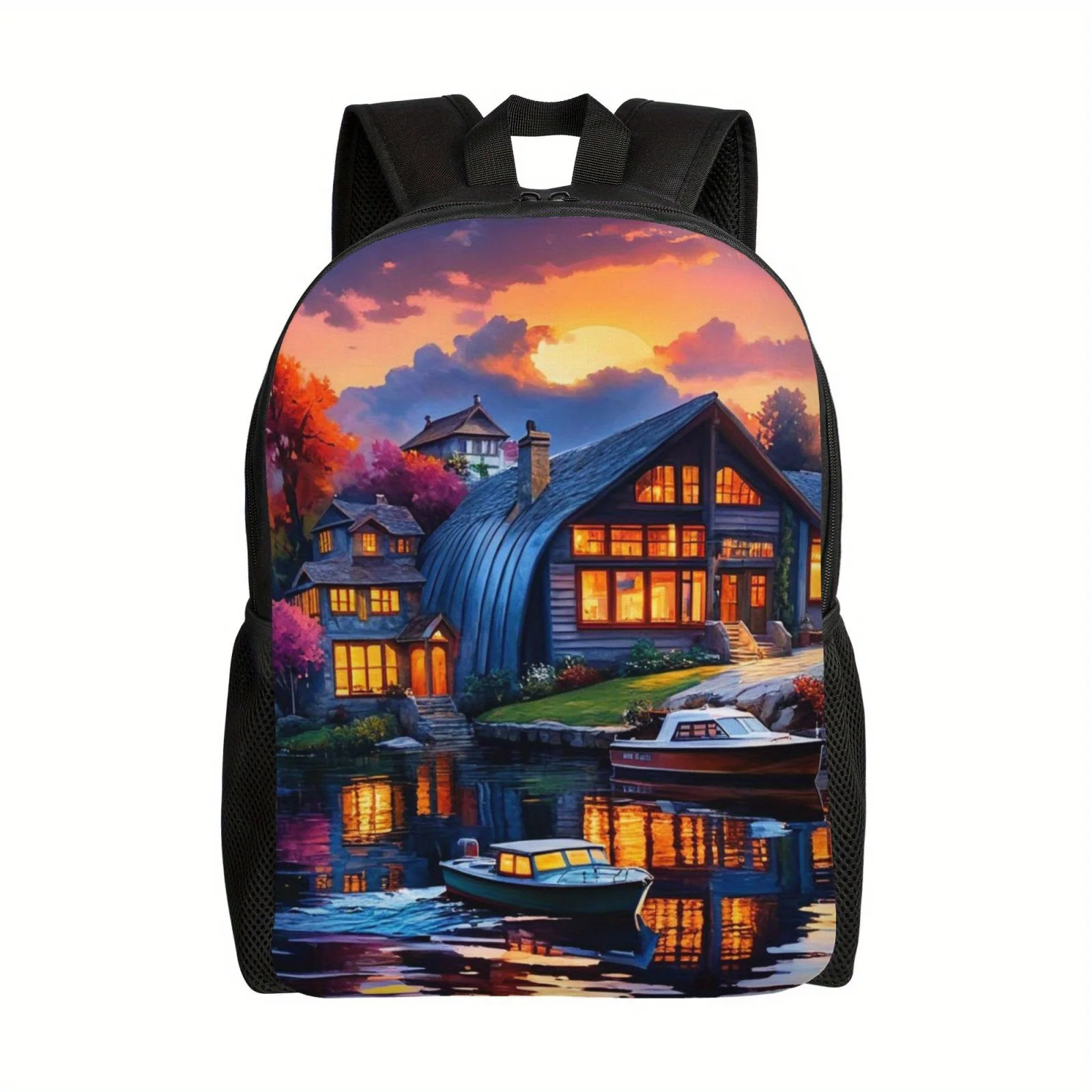 Small town printed cool and lightweight backpack, suitable for young men and women to go to school, commute, and library