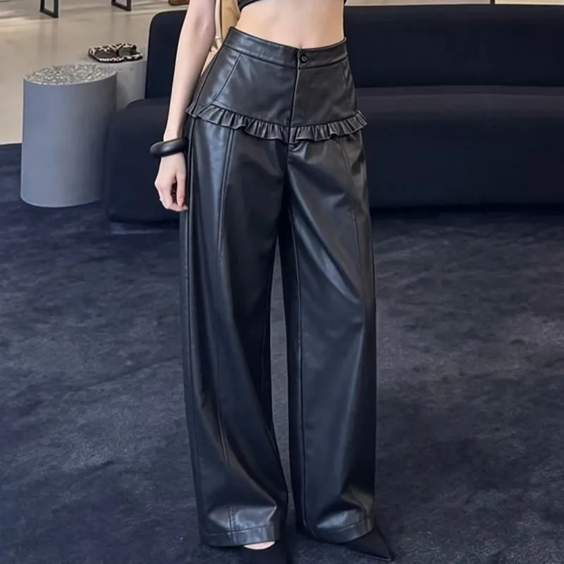women's pants New high waisted slim fit straight leg pants for autumn 2026 100% sheepskin patchwork wide leg pants y2k trousers