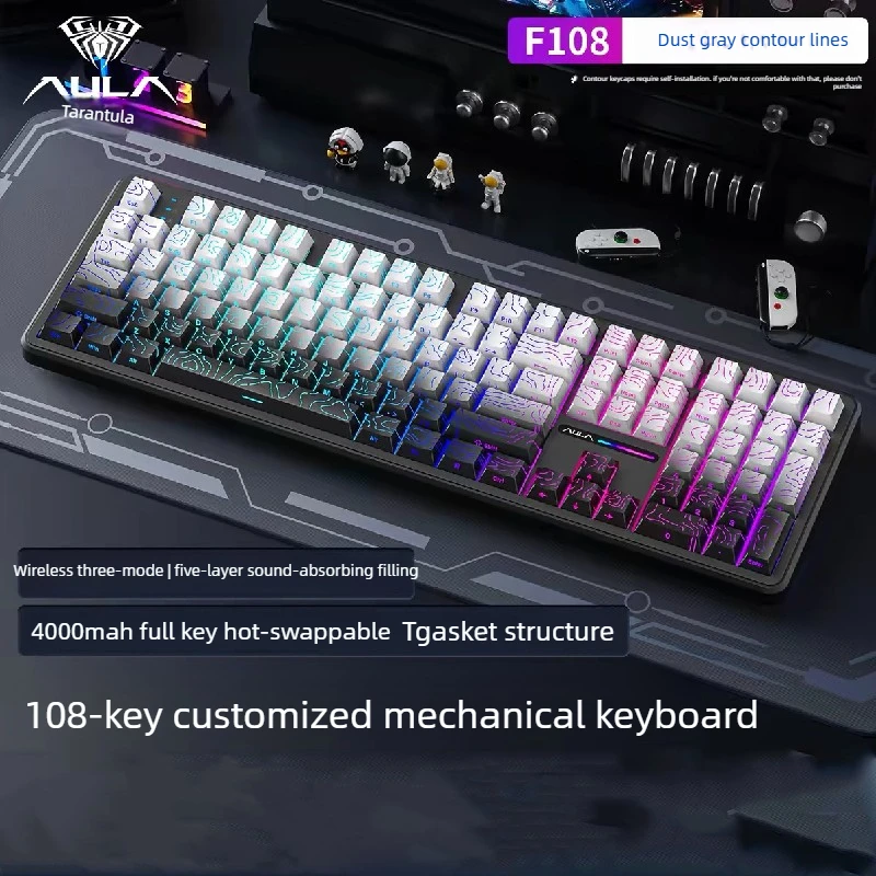 Hot Sale AULA F108 Wired Bluetooth 2.4Gwireless three - mode connection mechanical keyboard gasket structure RGB lighting effect