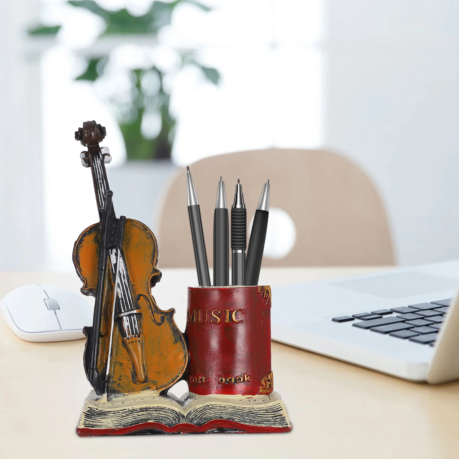 

Violin Pen Holder Resin Desktop Organizer Office Desk Decor Vintage Style Multi-Function Stationery Storage Table Decoration Pen