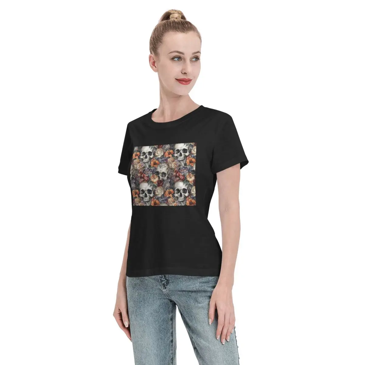 Vintage Floral Skull Roses T-Shirt for Women O-Neck Streetwear T Shirts Women's Tees Short Summer Clothes Tops