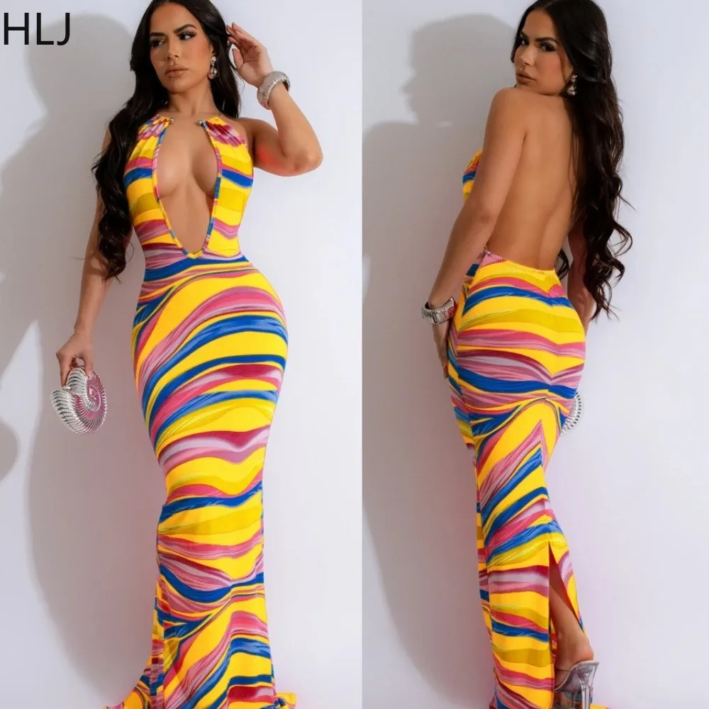 

HLJ Summer Bohemian Beach Backless Bodycon Mid Dresses Women Deep V Sleeveless Slim Vestidos Fashion Female Ruched Robe Clothing