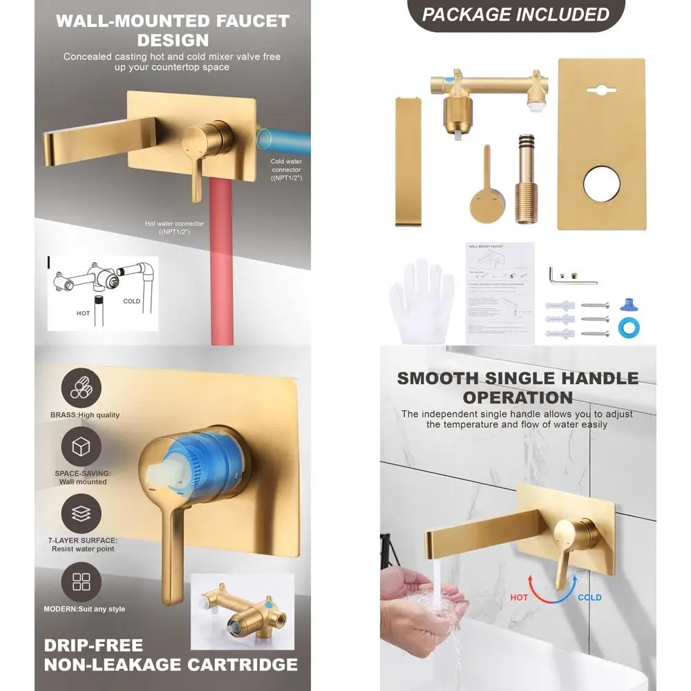 

Золотой настенный смеситель для ванной комнаты с одной ручкой и двумя отверстиями, в комплект входит грубый клапан, твердая латунь для туалетных раковин