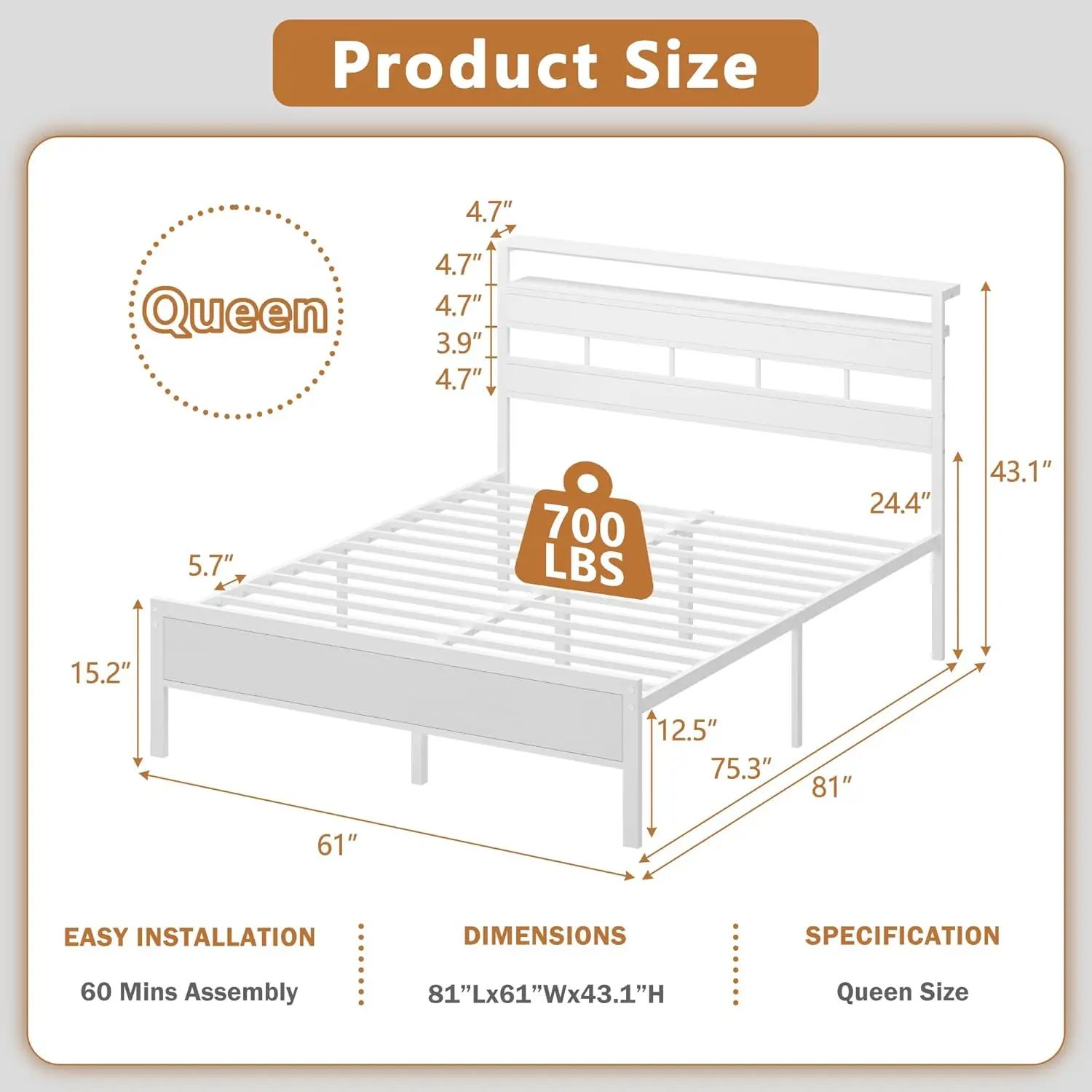 Customized Metal Bed Frame with Storage Headboard and LED Lights, Charging Station and USB Port, Queen, Customized