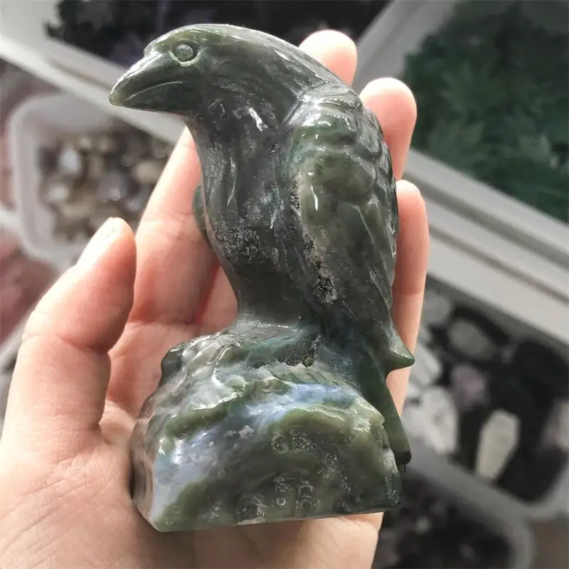 Natural Moss Agate Crow Crytsal Animal Carving Healing Home Feng Shui Christmas Decoration Birthday Present 1pcs