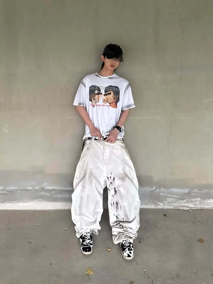 New 26SS Vintage Dirty-Dyed Hand-Printed Washed Short-Sleeve T-Shirt Portrait Graphic Top Quality Loose Top