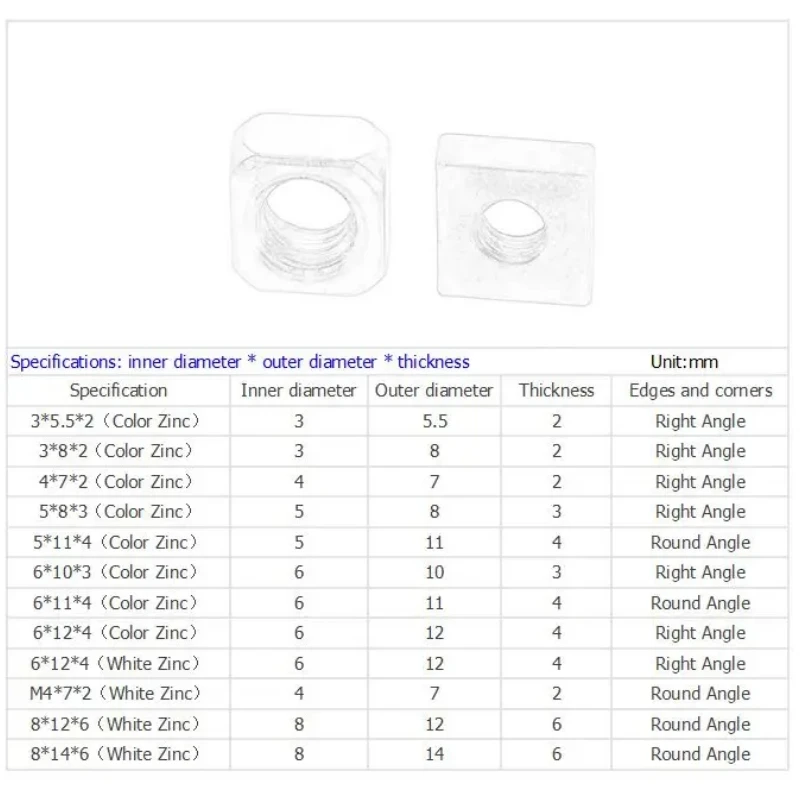 10~100Pcs M3M4M5M6M8 Square Nut Carbon Steel Quadrangle Nut Thick/Thin Nut GB39 DIN557 Lock The Screw Cap Color Zinc White Zinc