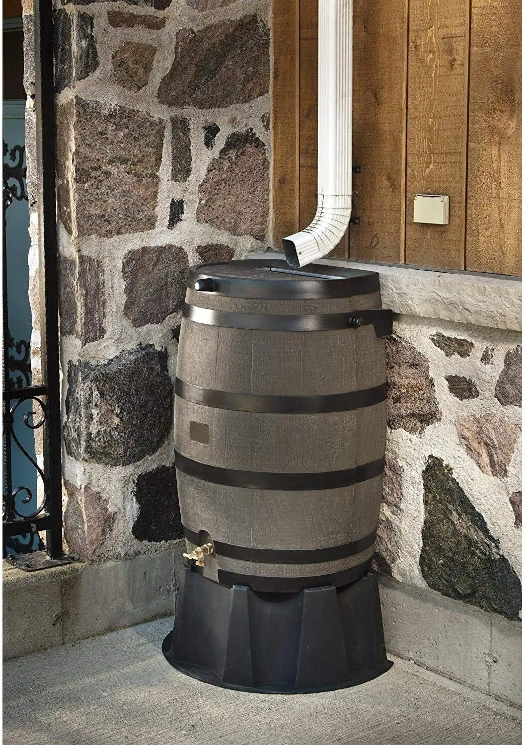 50-Gallon Rain Water Collection Barrel with Brass Spigot, Wood Grain