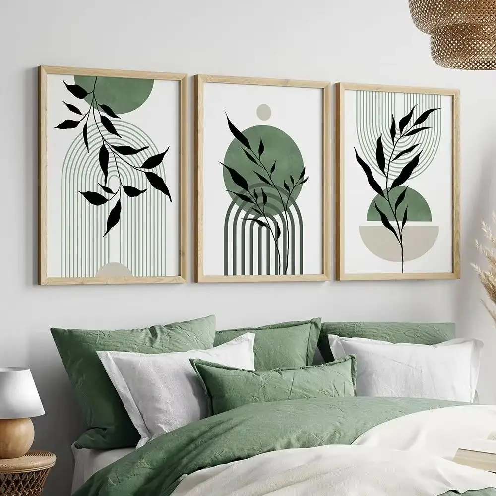 Bohemian Green Wall Art Geometric Minimalist Leaf Abstract HD Canvas Poster Prints Home Bedroom Living Room Decor Gift