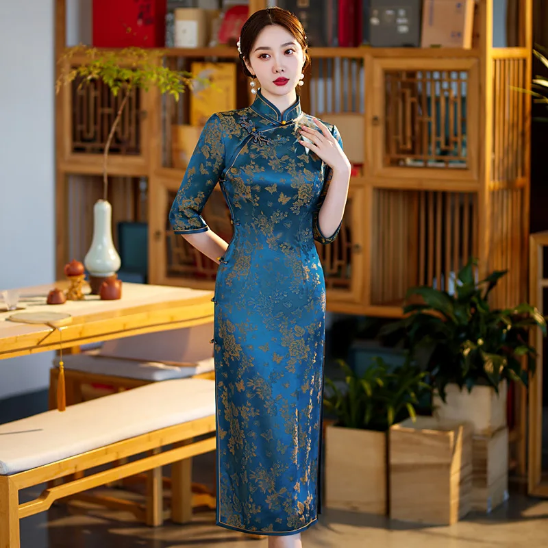 High-End Full Cardigan Quality Real Silk Cheongsam Qipao Women's Improved Dress Chinese Chi-Pao