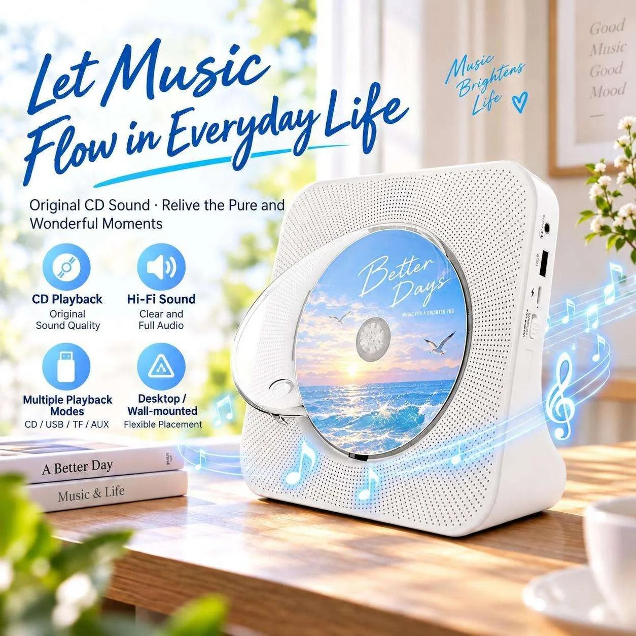 Lettore CD da tavolo, montabile a parete, con Bluetooth, altoparlanti stereo integrati, radio FM, display a LED, riproduzione da USB/scheda TF, timer per accensione/spegnimento, connessione AUX.