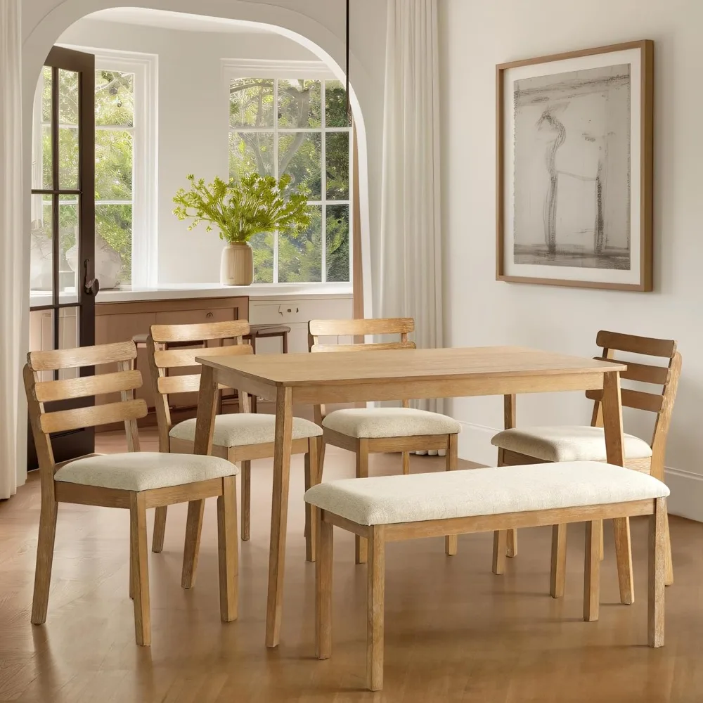 

6 Piece Dining Table Set with Bench, Wooden Rectangular Kitchen Table and 4 Upholstered Chairs, Farmhouse Dining Room Furniture