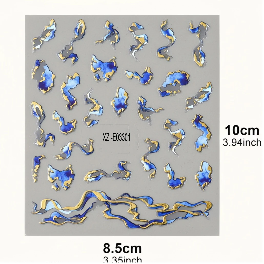 สติกเกอร์ติดเล็บลายคลื่นสีฟ้า 3 มิติ 3/6 ชิ้น ลายหินอ่อนสีทอง ลายสโมคกี้ ลายเรขาคณิตนามธรรม ลายเส้นเมทัลลิก สำหรับตกแต่งเล็บ