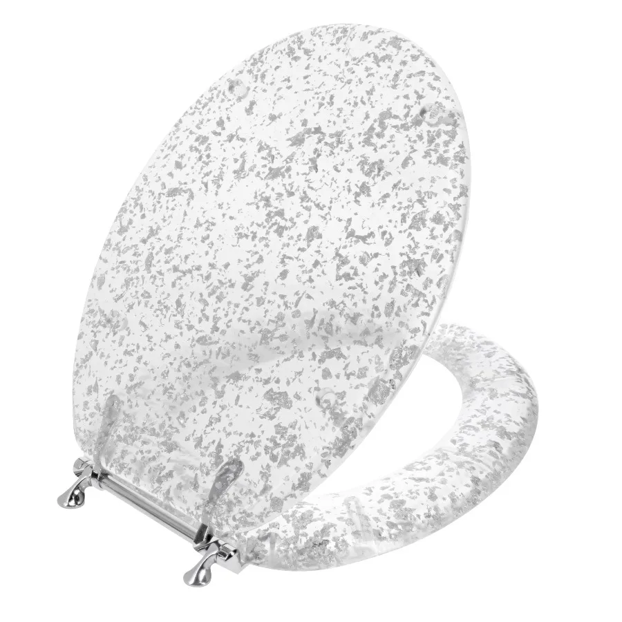 

Elongated Resin Decorative Toilet Seat with Chrome Hinges Silver Foil