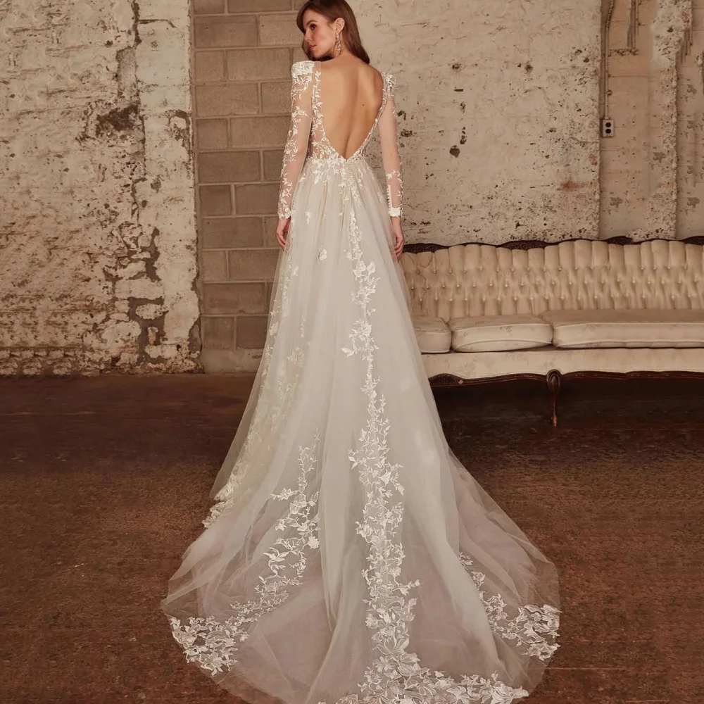 فستان زفاف رائع مخصص بياقة على شكل V وأكمام طويلة فساتين العروس على شكل حرف A فساتين زفاف أنيقة من فيستدوس دي نوفيا