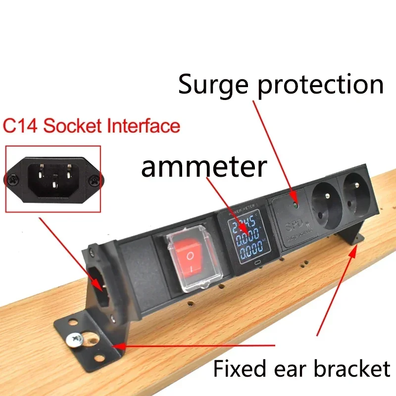 French socket PDU power strip network cabinet rack C14 port desktop 1-8AC double break switch with ammeter Surge protection