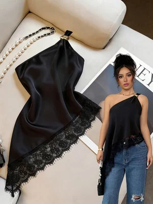 Women's Casual Single-Shoulder Camisole, Solid Color Camisole with Lace Splicing and Versatile Style, Suitable for Shopping, Bea