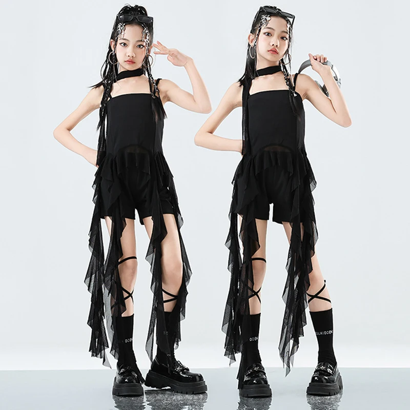 

Kid Jazz Dance Stage Outfit Kpop Performance Stage Wear Girl Black Tops Shorts Fashion Runways Show Clothing Streetwear VDL3267