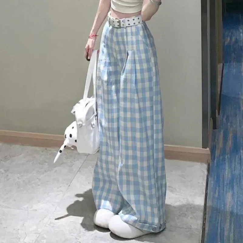 

Blue-and-white plaid wide-leg pants women's early autumn design sense high waist loose drape small fresh casual slim pants.