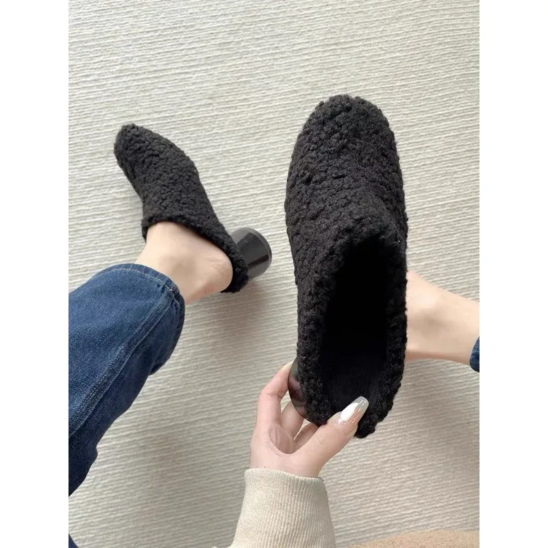 Fur Lambswool Heeled Slippers Woman Luxury Solid Color Horse Hair Round Toe Covered Toe Shoes Woman Designer Brand Casual Shoes