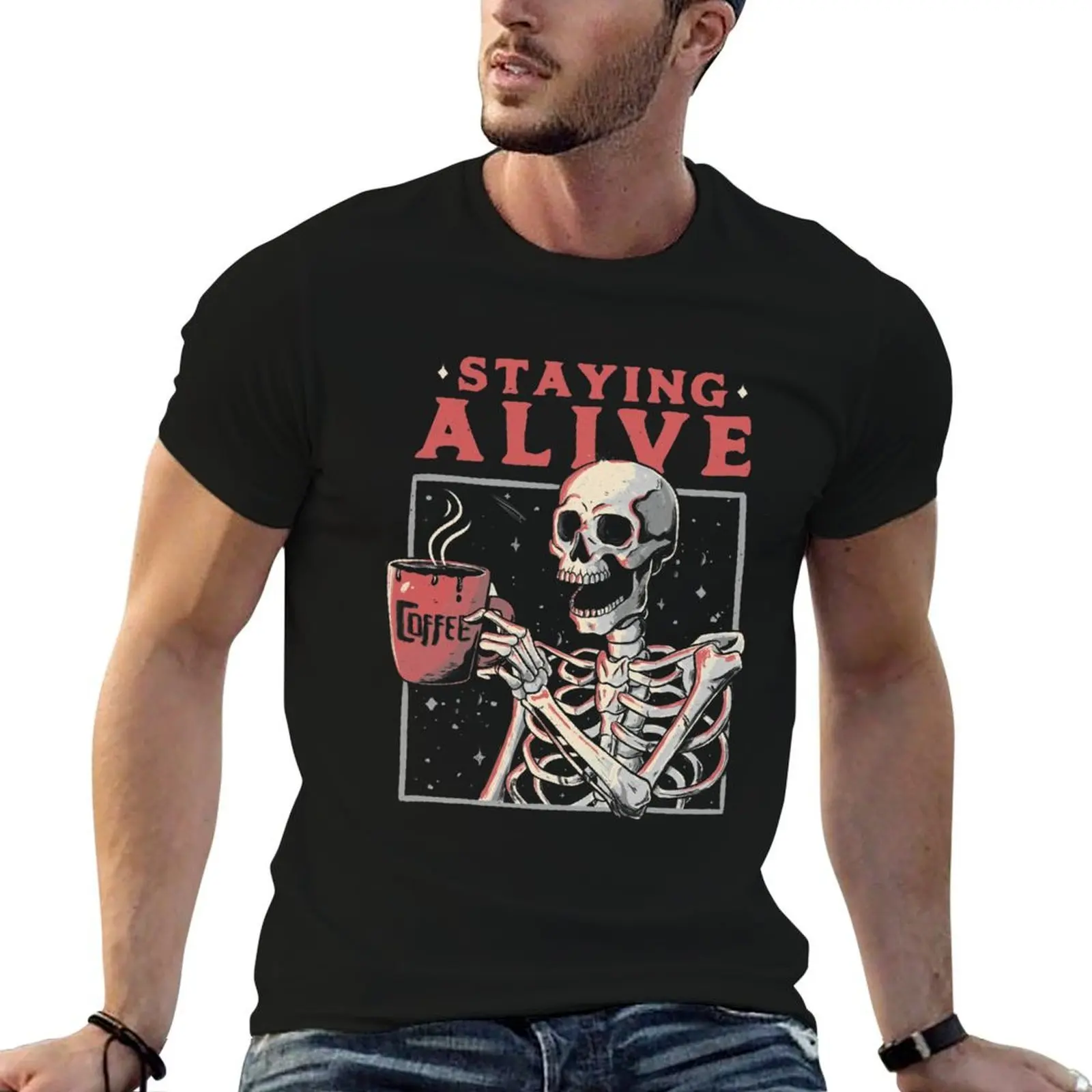 Staying Alive - Coffee Skull Funny Gift T-Shirt Running Performance Tee-shirt à manches courtes