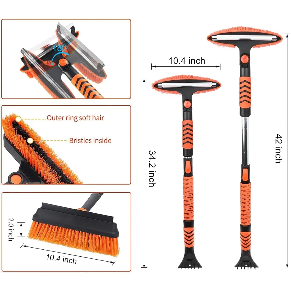 Retractable Snow Brush for Ice Shovel, Snow Broom, 180 ° Rotary Brush Head, Snow Shovel with Foam Handle, 42 in