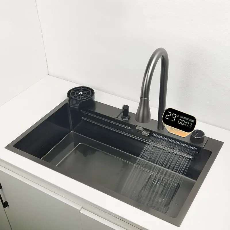 

Waterfall Sink Kitchen Stainless Steel Topmount Nano Sink with chopping board LED display Waterfall Faucet Wash Basin