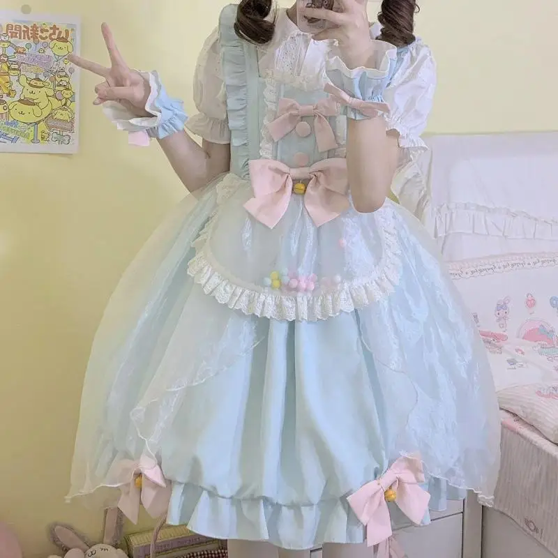 Harajuku Summer New Lolita Princess Kawaii Ball Gown Bow Lace Embroidery Design Birthday Party Eid Girls Dresses Trailing