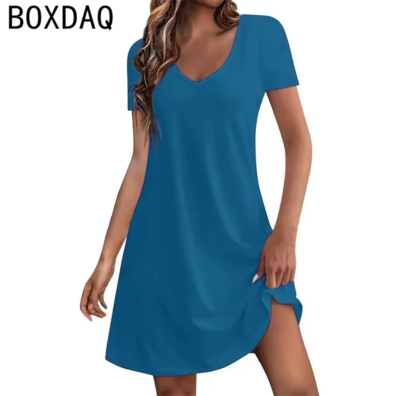 Robe d'été pour femmes, couleur unie, unie, ample, col en v, manches courtes, décontractée, ligne a, robe de plage, de vacances