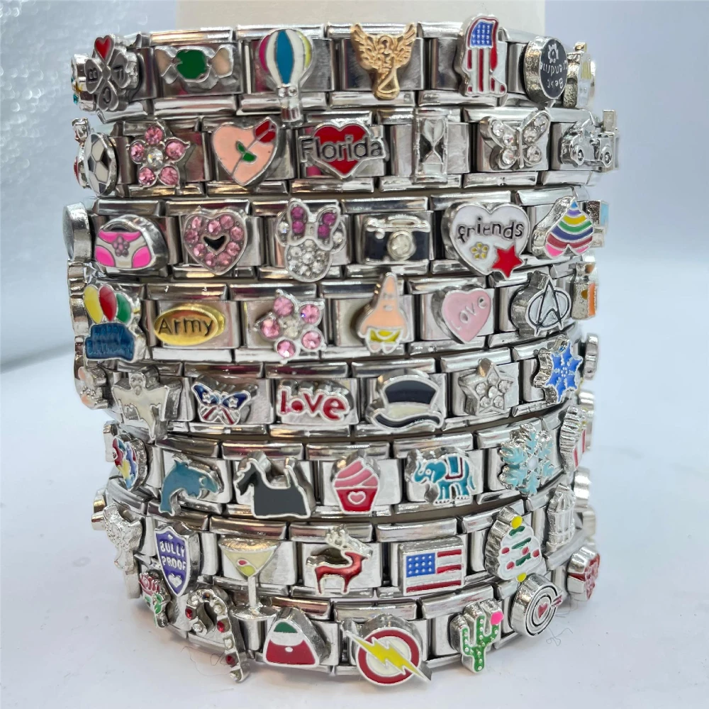 

50pcs Mix Match Random Italian Stainless Steel Women Fit 9mm Detachable Links Bracelet DIY Making Men Italy Charm Module Bangle