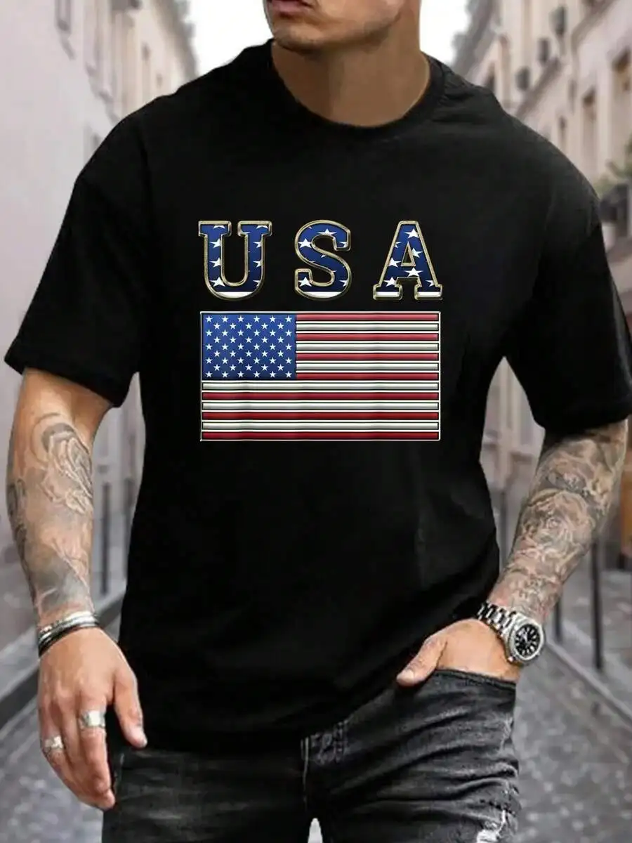 100% Cotton USA American Flag United States US Patriotic T-Shirt Men's Black Vacation Crew Neck Short Sleeve Holiday T-Shirt Sum