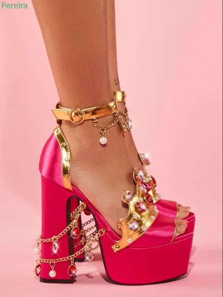 Red Rubine Crowned Chain Sandals Summer Women's Platform Round Toe Chunky Heel Sexy Fashion Elegant Gold Buckle Strap Shoes