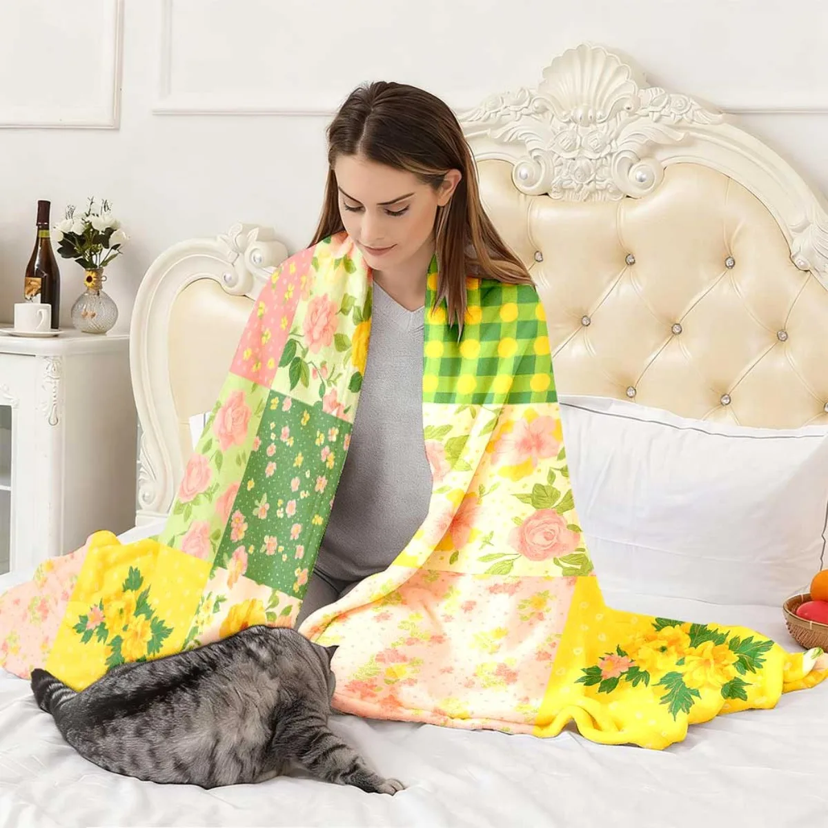 Pastel Patch Grid Mixed Floral Polka Dot Checkerboard Cottage Style Base Fleece Blanket Cozy Throw For Bed Travel Dorm Country