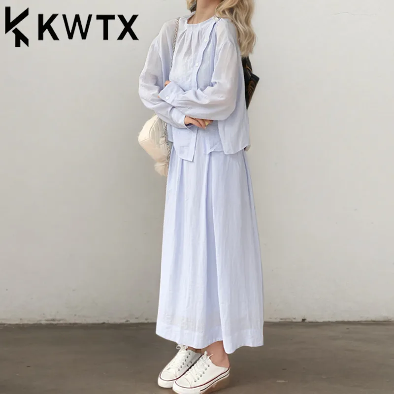 

KWTX 2025 Spring Summer Women's Long Sleeve Shirt & Midi Skirt 2PC Set Trendy Designer Co-ord Set,Office Casual Outfit