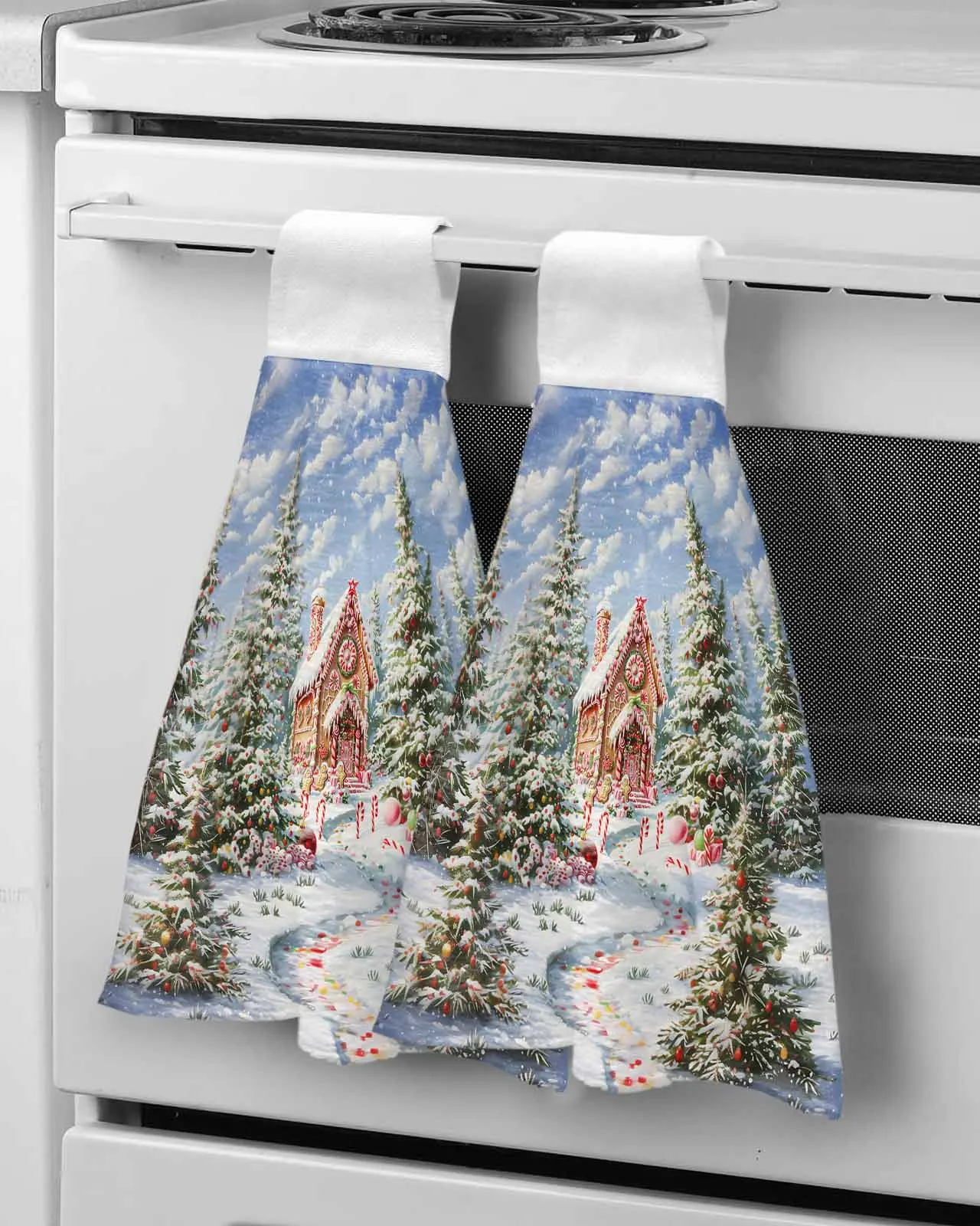 

Christmas Snow Scenery Evergreen Tree Candy House Wipe Hand Towel Absorbent Hanging Towels Kitchen Wipe Dishcloths Bathroom Wipe