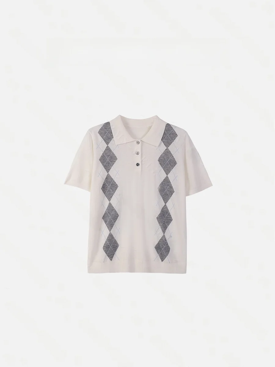 

Женский теплый повседневный модный топ AW Wang Nannan из чистой шерсти, вязаный, с коротким рукавом, на пуговицах, с ромбовидным узором