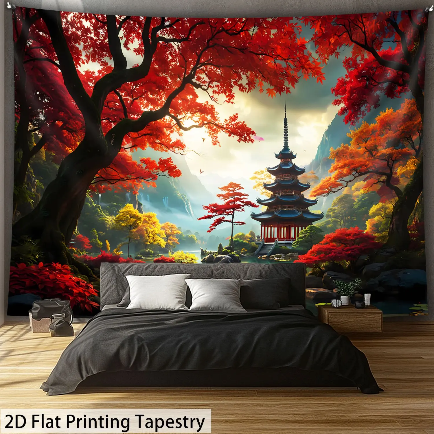 Ed Maple Tree Pagoda Tapestry, Japanese Temple in Autumn Forest, Asian Scenery Wall Hanging for Bedroom Living Room