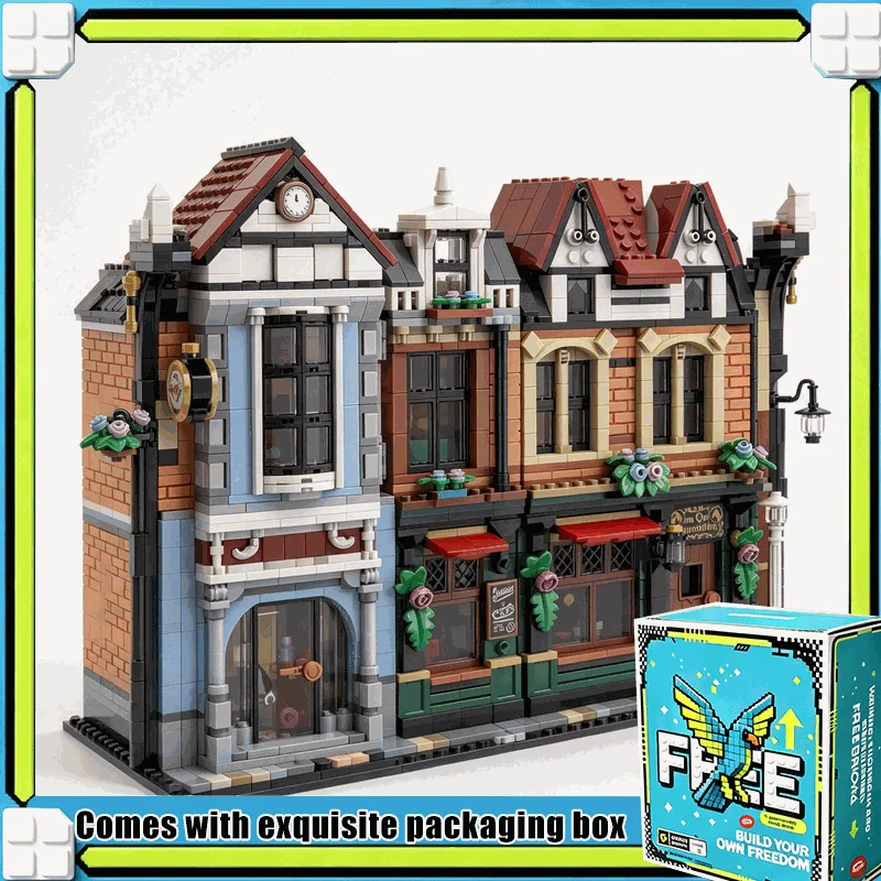 1802PCS Tudor Style Corner Book Nook Street View Shop House Model Custom Building Blocks DIY Assembly Educational Toy Gift
