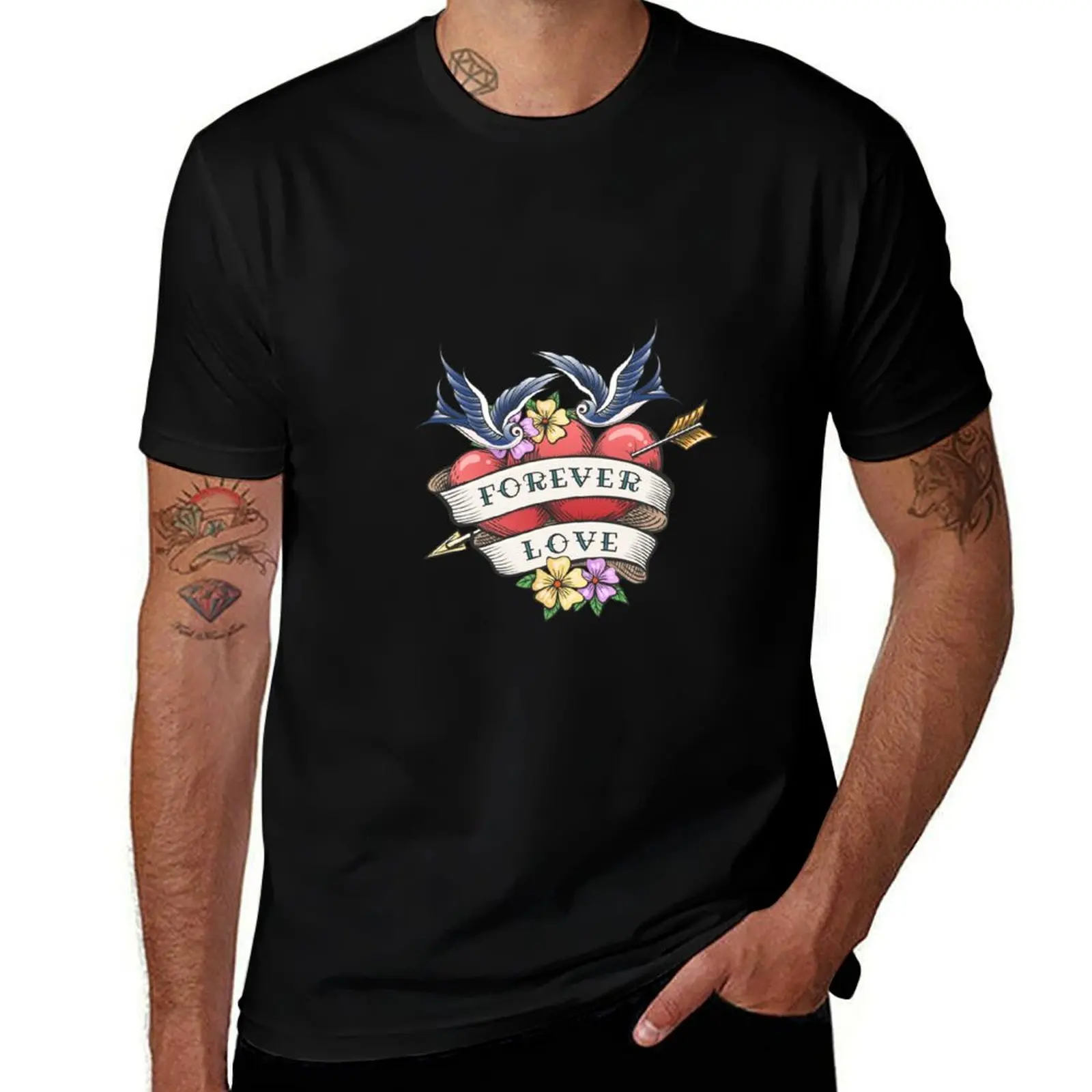 Two Hearts Pierced By Arrow with hand made Lettering Together Forever. Tattoo Hearts With Flower T-Shirt