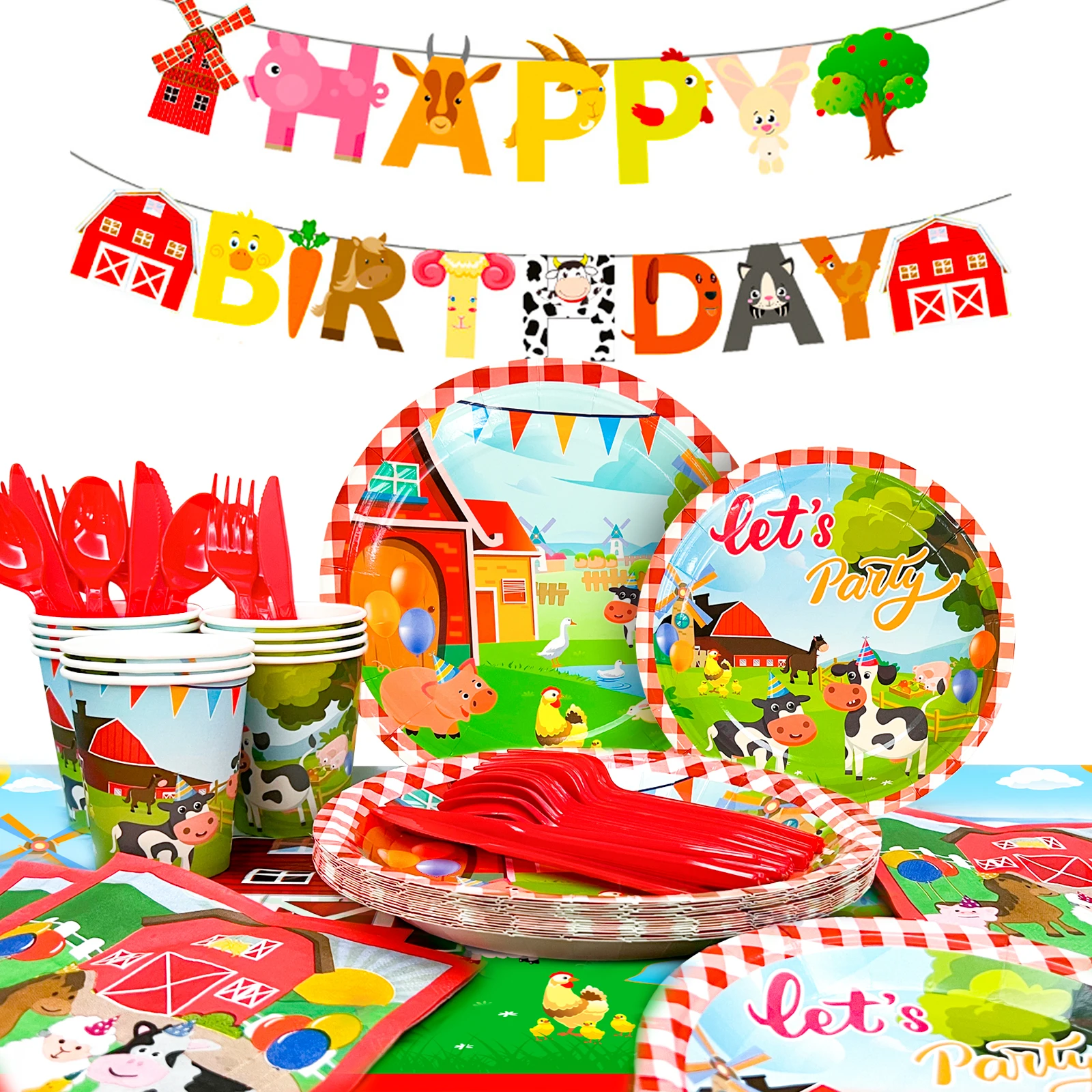 Farm House Fun Barnyard Animals Party Supplies,130pcs Theme Birthday Decorations Tableware Set-Plates Cups Napkins Banner etc