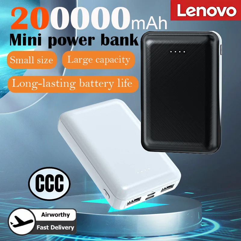 

Портативный мини-аккумулятор Lenovo 200000 мАч с двумя USB-портами, быстрой зарядкой, внешний аккумулятор с LED-дисплеем, карманный зарядный блок